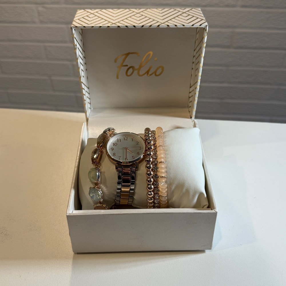 Folio Watch Bracelet Set Silver Rose Gold Tone‎ Womens Fashion Jewelry Gift